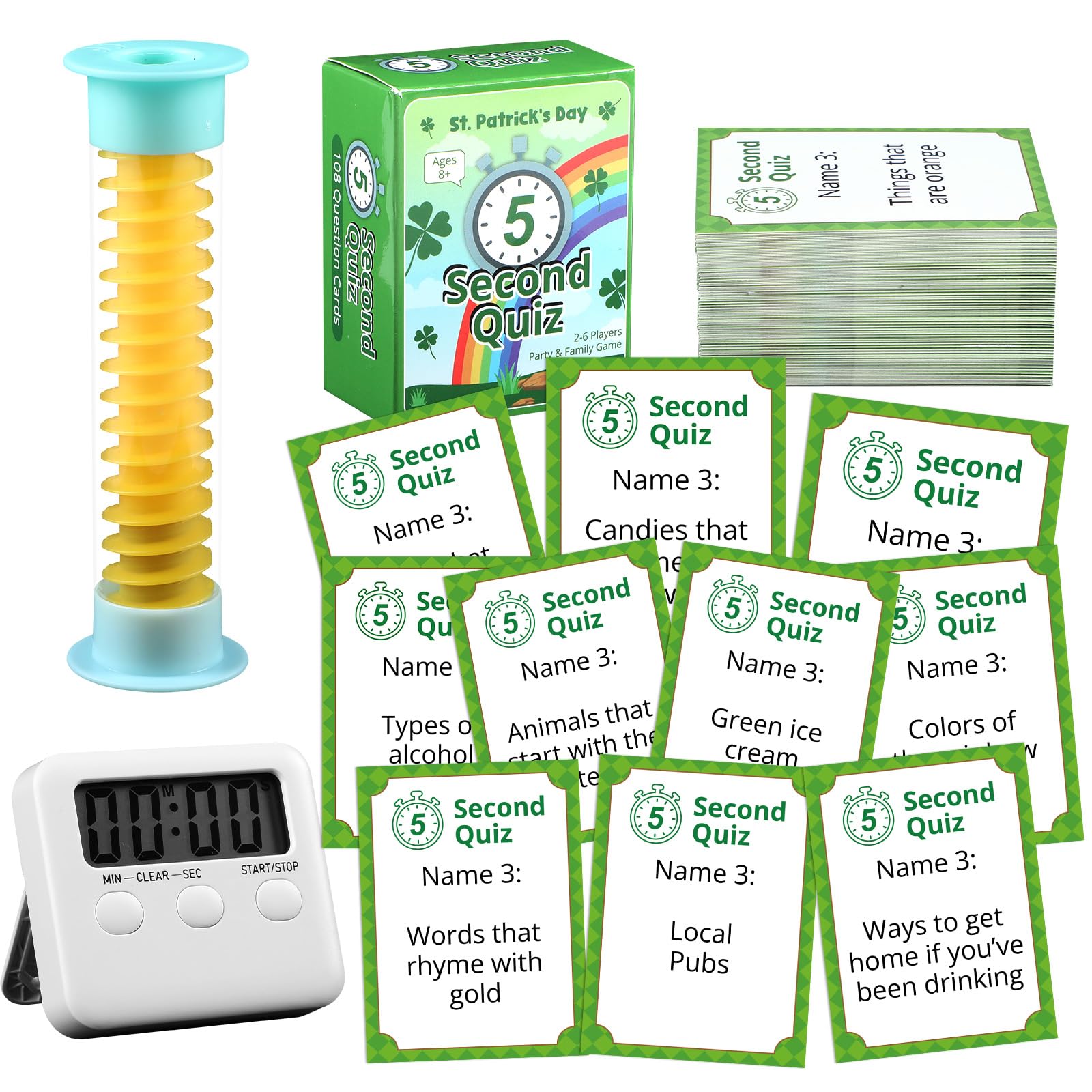 gisgfim St. Patrick's Day 5 Second Game 108 Simple Question Cards Digital Timer and 5 Second Hourglass Question Card Game for mature-themed Family Party Travel Night Sleepover Think Fast and Shout Out Answer