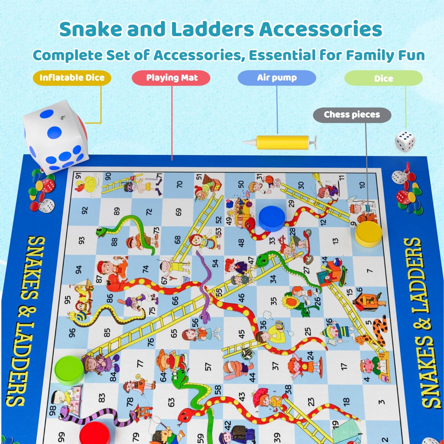 DY-GO Snakes and Ladders Board Game - Extra-Large 5.8 ft Floor Mat, Inflatable Dice, Multicolor, Indoor/Outdoor Fun for Ages 3+