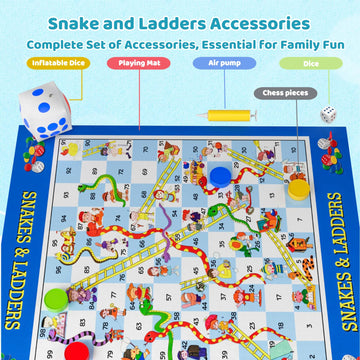 DY-GO Snakes and Ladders Board Game - Extra-Large 5.8 ft Floor Mat, Inflatable Dice, Multicolor, Indoor/Outdoor Fun for Ages 3+