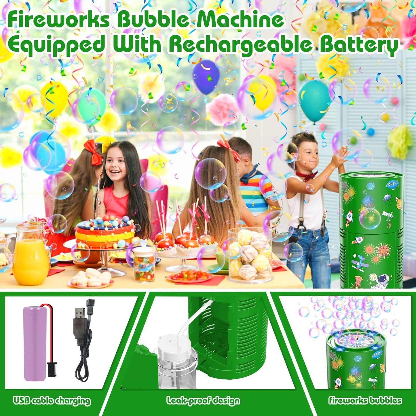 PANACARE Bubble Machine for Kids  Bubble Blower 10000+ Bubble per Min/Lights/DIY Stickers/Rechargeable battery/80ml Solution Automatic Bubble Toy for Kids Summer Outdoor Party Wedding