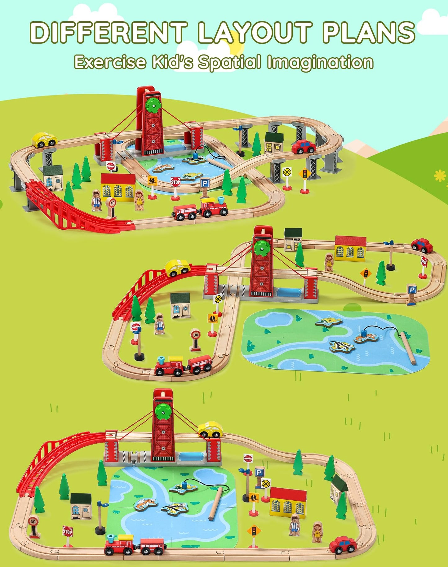 Sainsmart Jr. Wooden Train Set For Toddler, Double-Side Wood Train Track With 4 Trains Fits Brio, Thomas, Melissa And Doug, Toy Railway Kit For Kids Ages 3+