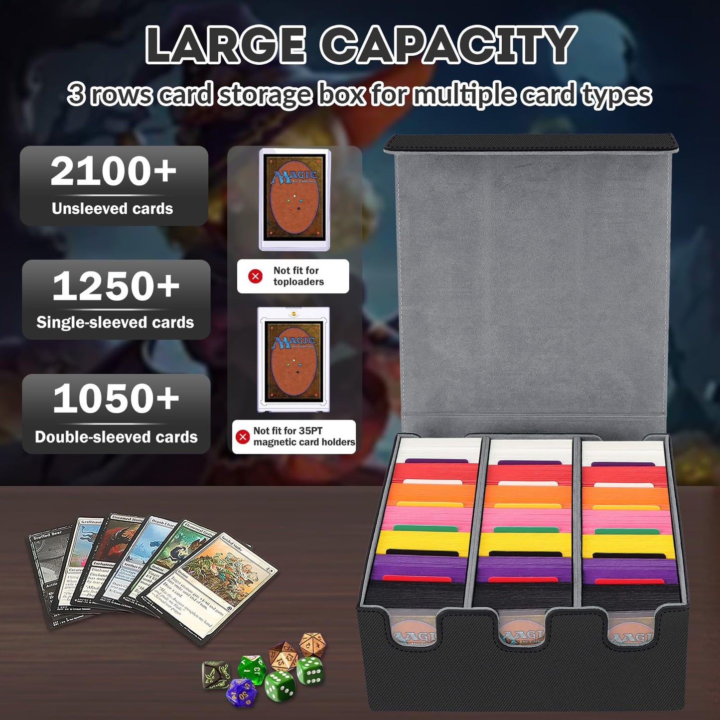 Qlouni Card Storage Box For Trading Cards, 2100+ Card Deck Case With Pu Leather And Magnetic Closure, Tcg Storage Box, Suitable