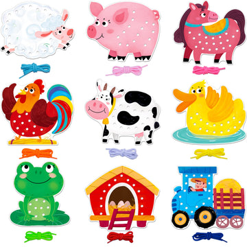 9 Pcs Farm Theme Lacing Cards, 9 Double Sided Sewing Cards With 9 Colorful Laces, Imagination Development Lacing Toys Educational And Learning Activity For Preschoolers, Kids