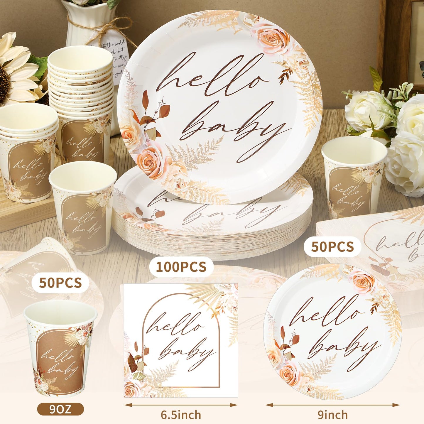 Hushee 200 Pcs Boho Flower Baby Shower Paper Plates Napkins Cups Hello Design Boho Baby Shower Party Supplies Tableware Set Boho