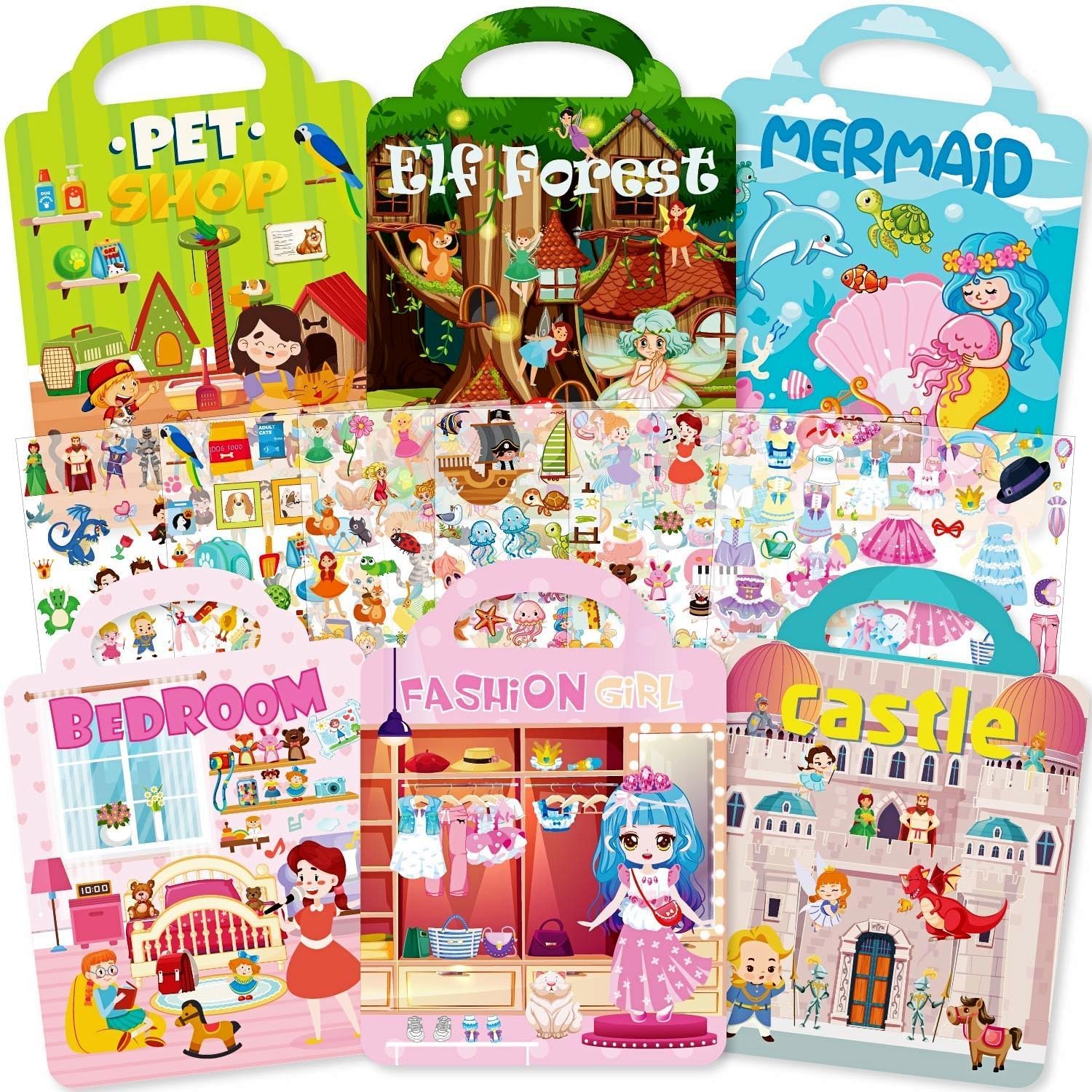 Aannanl Dress Up Reusable Sticker Books for Toddlers Ages 2-4 4-8,3D Puffy Stickers Activity Book Set-Princess Mermaid Fairies C