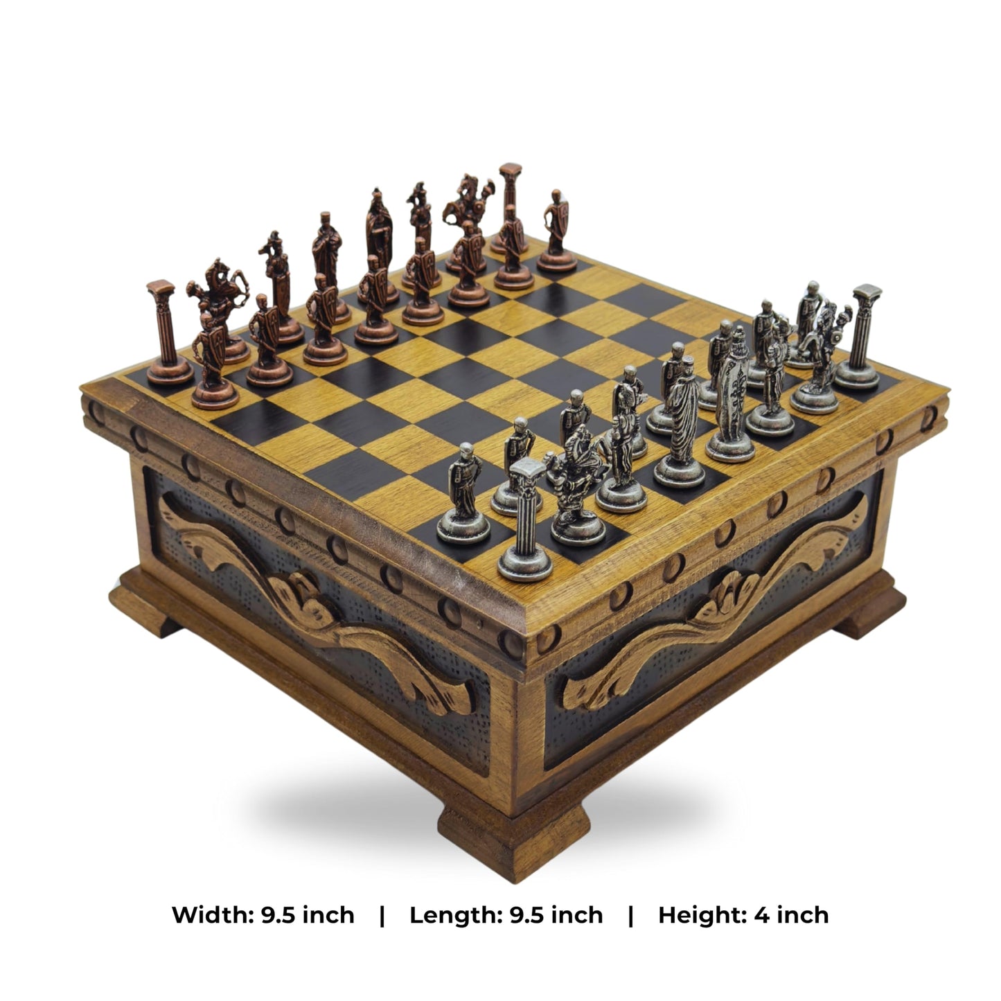 Wooden Chess Set with Storage - Handcrafted Chess Board and British Figure Metal Chess Pieces - Decorative Chess Game for mature-themeds & Kids - enhanced Gift for Family & Friends (Copper Chess Pieces)