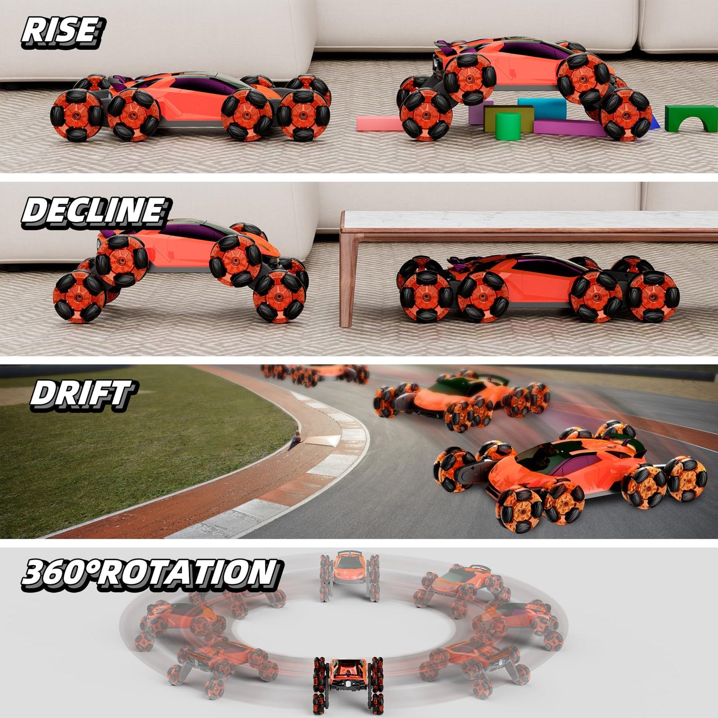 Terucle 8WD Remote Control Car, 2.4Ghz RC Cars with Spray & Cool Light, Kids Toys Electroplating Process Transform Drift Climbin