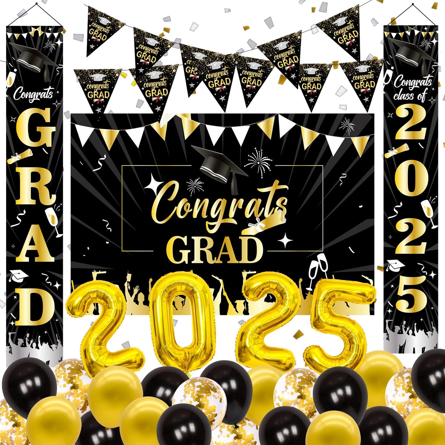 Graduation Decorations 2025, Black and Gold Graduation Decorations Class of 2025 Congrats Grad Backdrop Banner Porch Sign with f