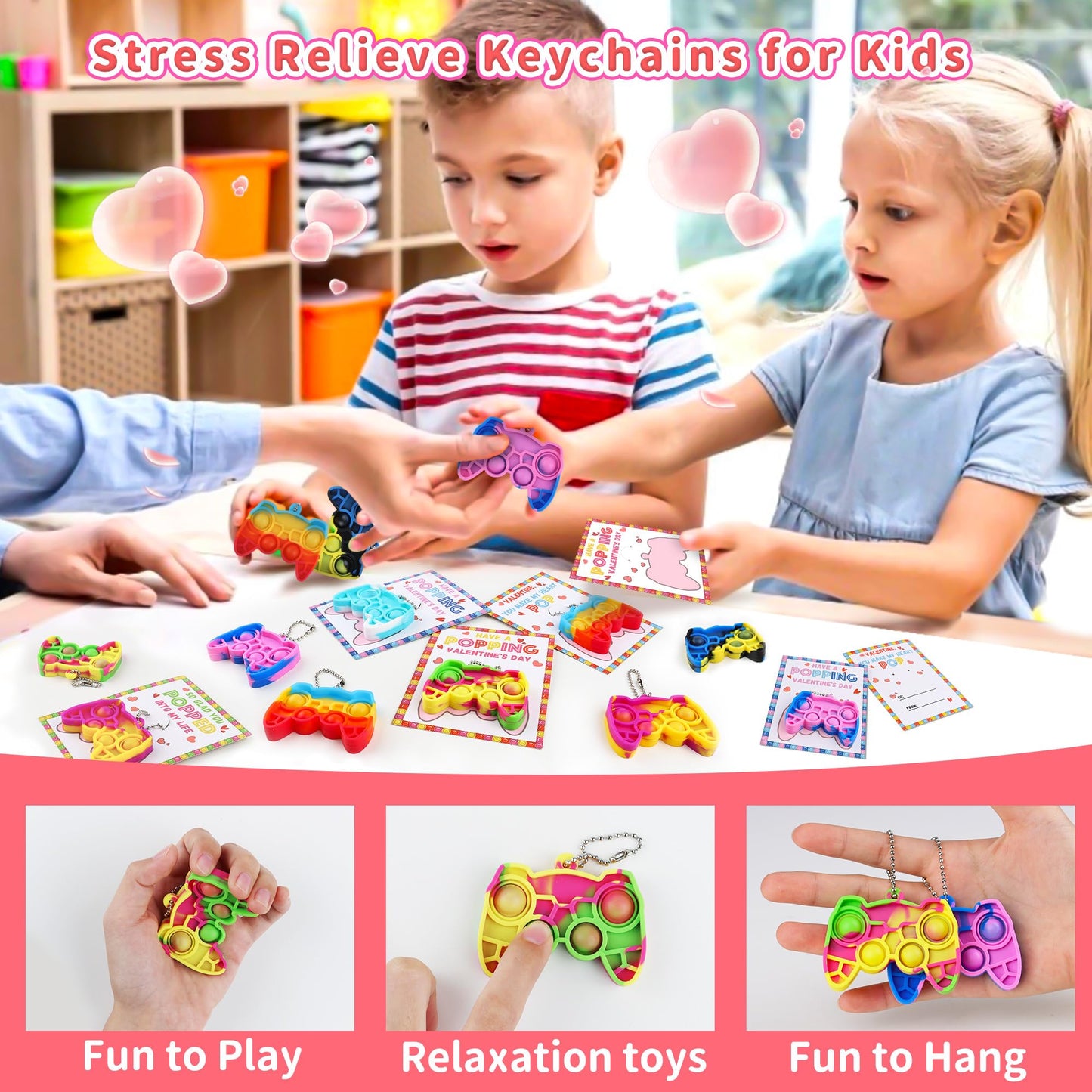 24 Pack Kids Valentines Day Cards With Mini Pop Fidget Keychain Valentines Day Gifts For Kids Classroom School, Valentines For K
