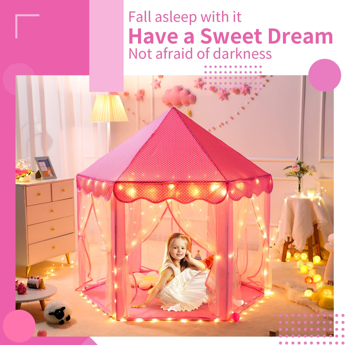 Sumbababy Princess Castle Tent for Girls - Hexagon Playhouse, Pink, with Fairy Star Lights, Indoor/Outdoor Games