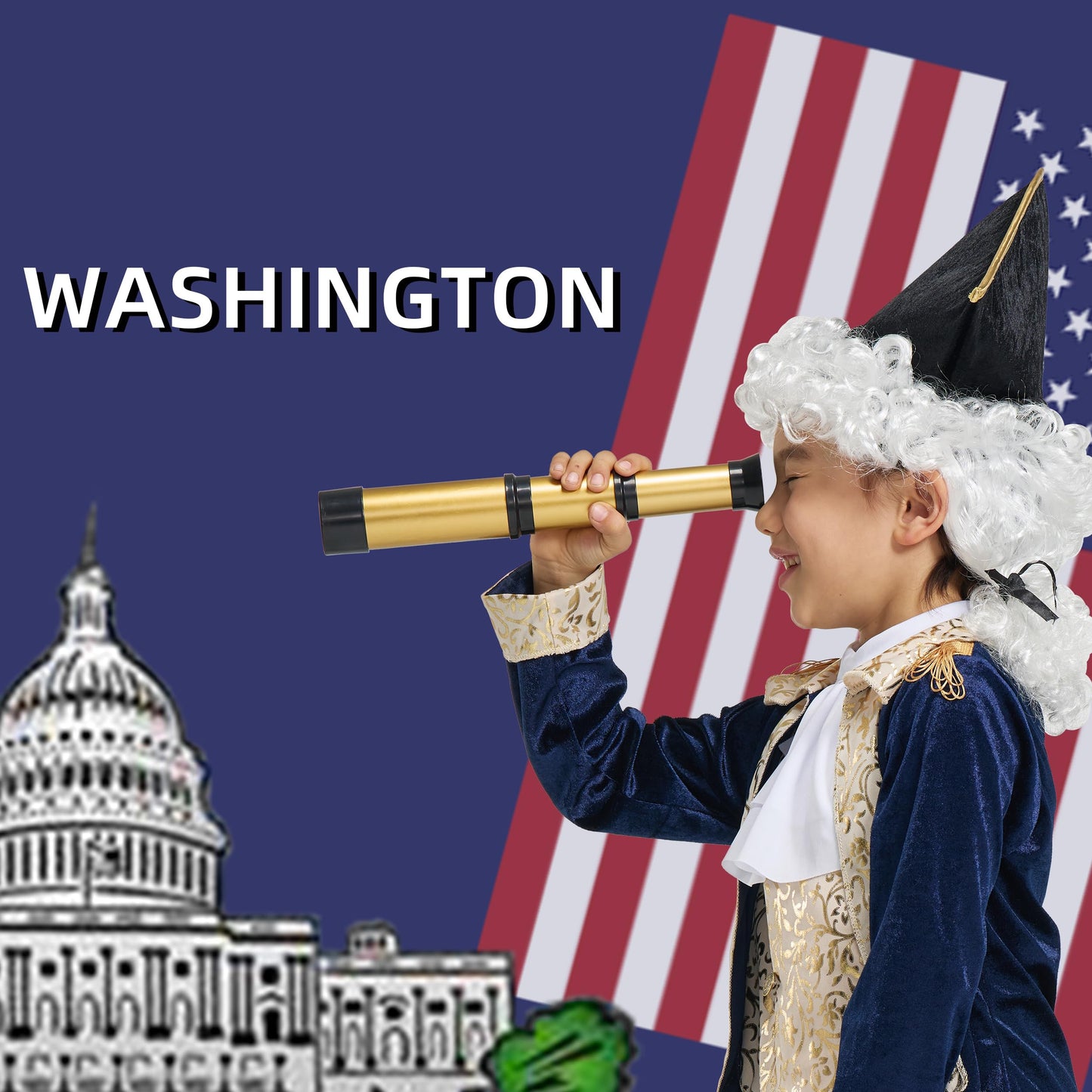 IKALI Kids George Washington Costume With Wig and Hat Accessories, Boys Children Hamilton American Colonial Day Outfit Uniform 1