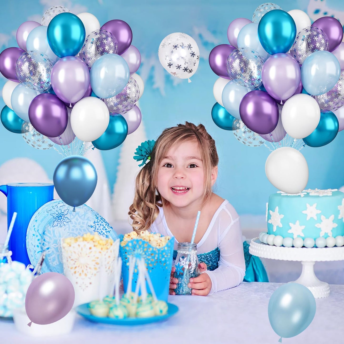 Biapian Frozen Balloons, 60 Pcs Blue Purple Balloons, 12 Inch Metallic Blue Purple Latex Balloons Silver Snowflake Confetti Ball
