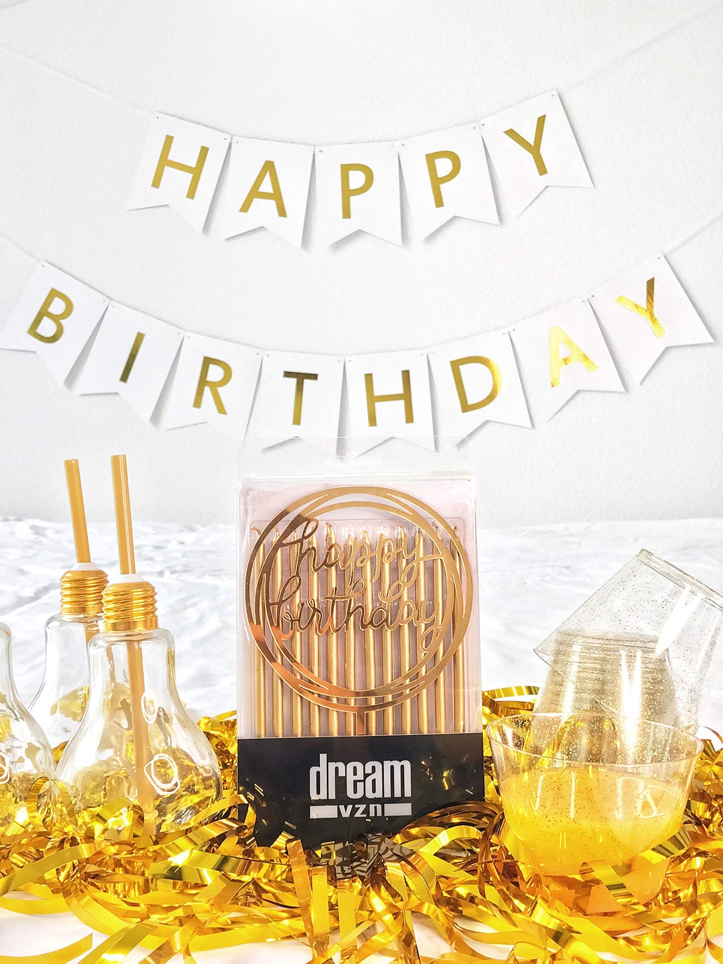24 Count Tall Thin Metallic Gold Slow Burning Birthday Candles in Holders, and Matching Classy Cake Topper for Special Custom Bi