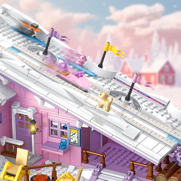 Pink Girls Ski Resort Winter Village House Building Set Compatible With Lego Friends Snow Cabin Collection, Construction Educational Toy For Kids Age 8-12 And Up 1042 Pcs