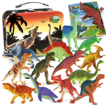 Zippytots Dinosaur Toys For Kids 3-5 5-7 - 14 Realistic Plastic Dinosaur Figures Set With Storage Box & Learning Booklet - Educa