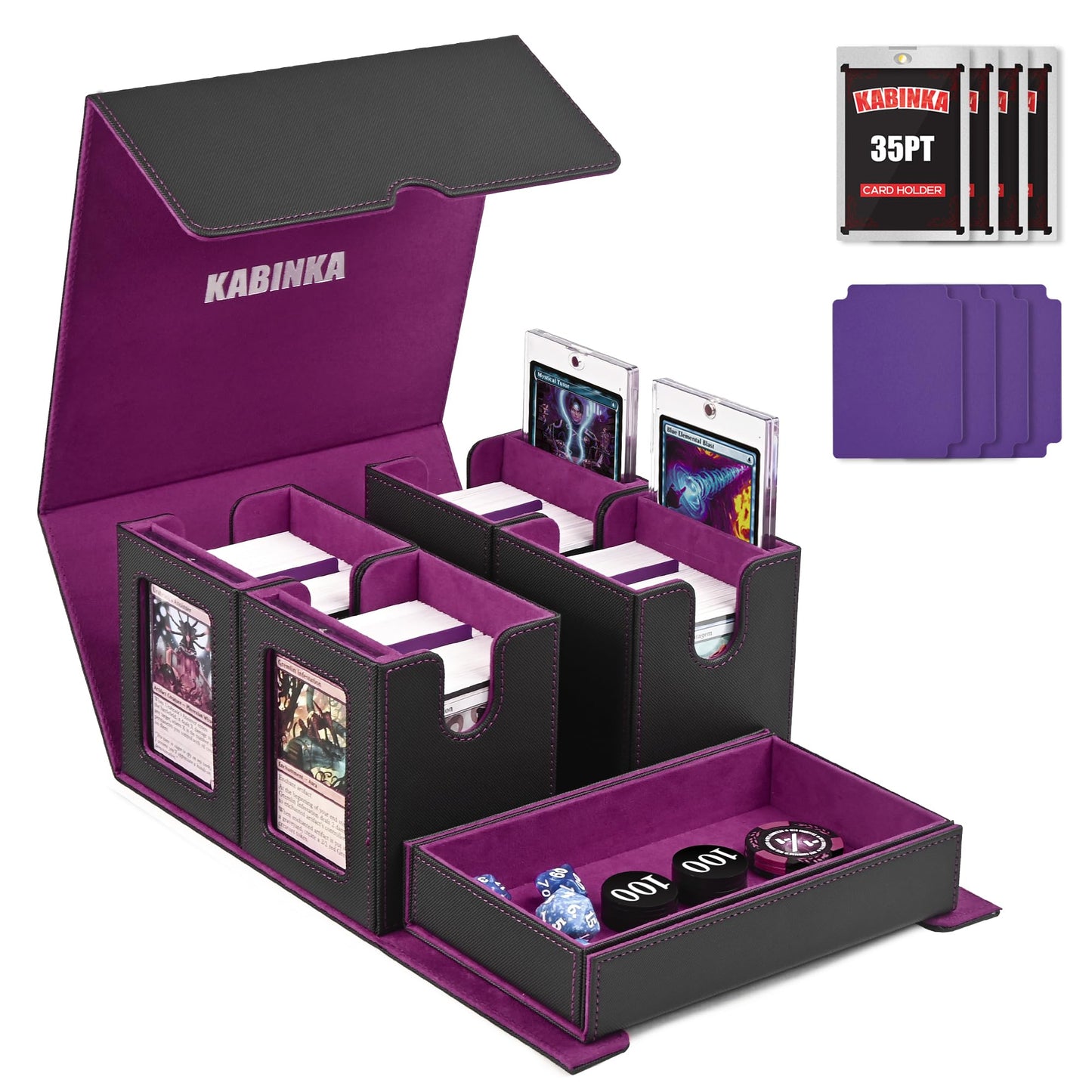 MTG Deck Box with Commander Display -protected designed Design  5 in 1 Trading Card Storage Box Fit 400 Double-sleeved Cards  Card Deck Case for TCG/Sports Cards with 4 Magnetic Card Holders(Black&Purple)
