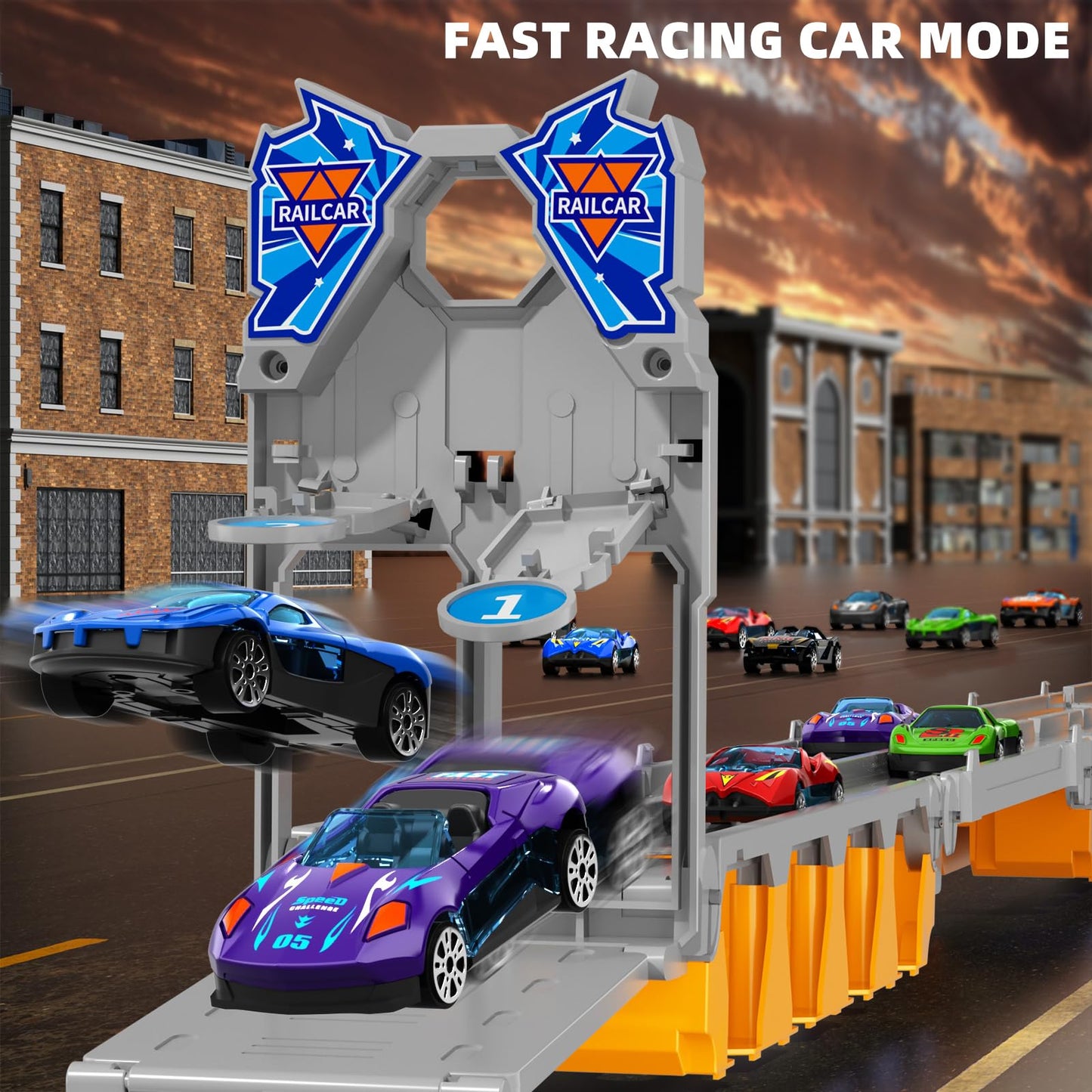 MSKOLER Racing Car Railway Truck Toy for Boys 2 3 4 5 6 7 Years Old - 78.7-inch Transport Carrier Trucks, Foldable Railway Stora