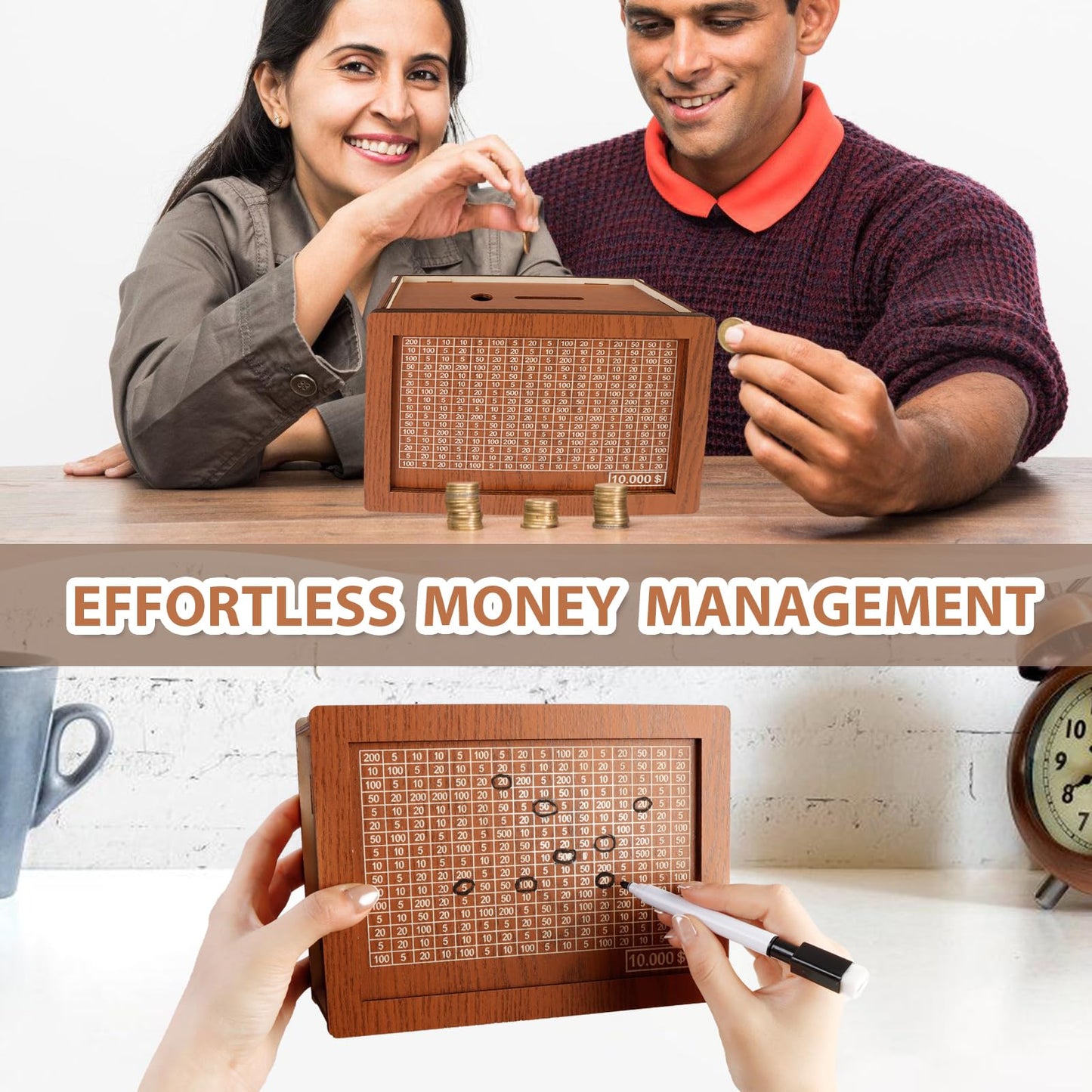 Wooden Savings Box With Money Target & Numbers - Perfect Cash Saver & Best Gift For Friends(10000 Dollar)