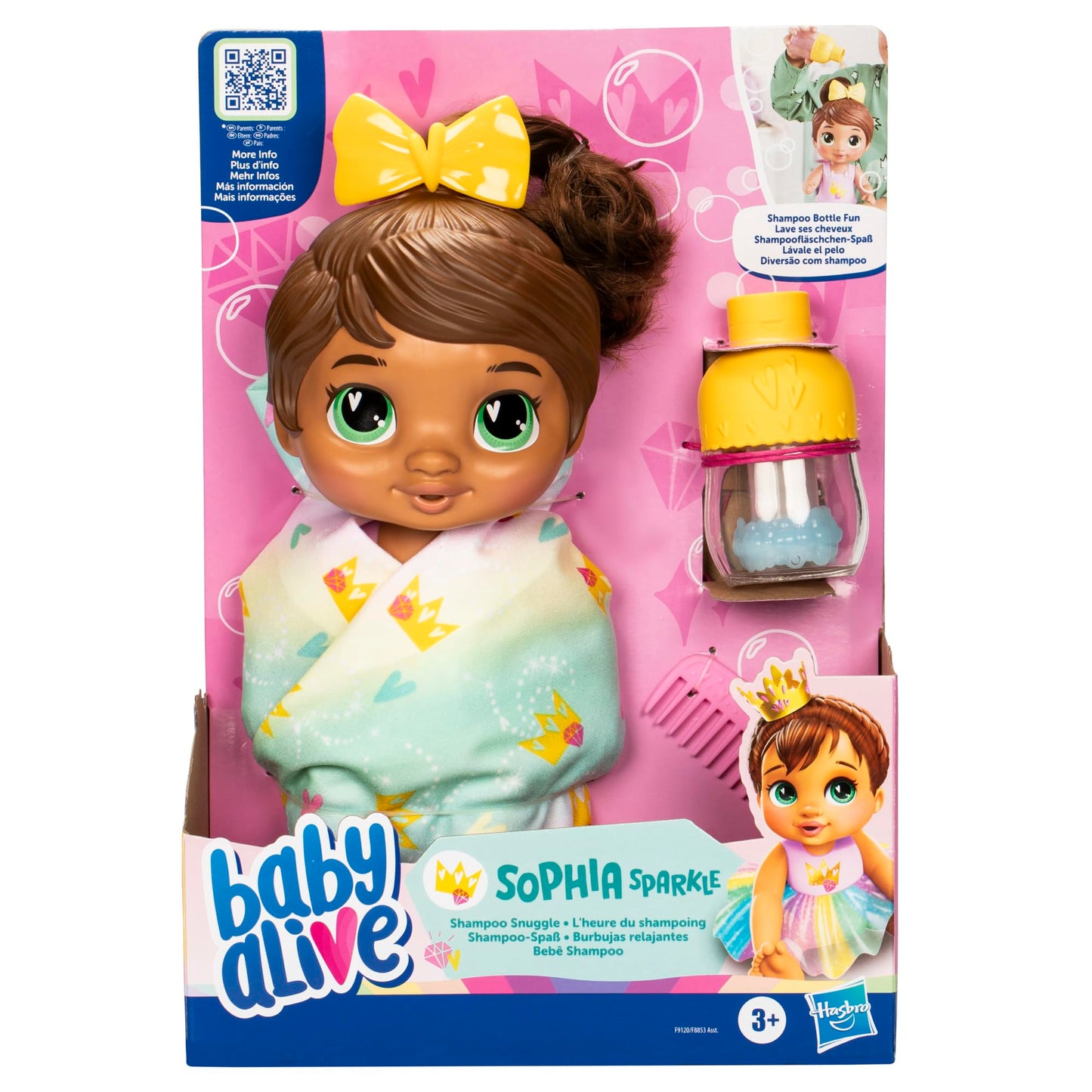 Baby Alive Shampoo Snuggle Sophia Sparkle Brown Hair 11 Inch Water Baby Doll Playset, Toys For 3 Year Old Girls & Boys & Up