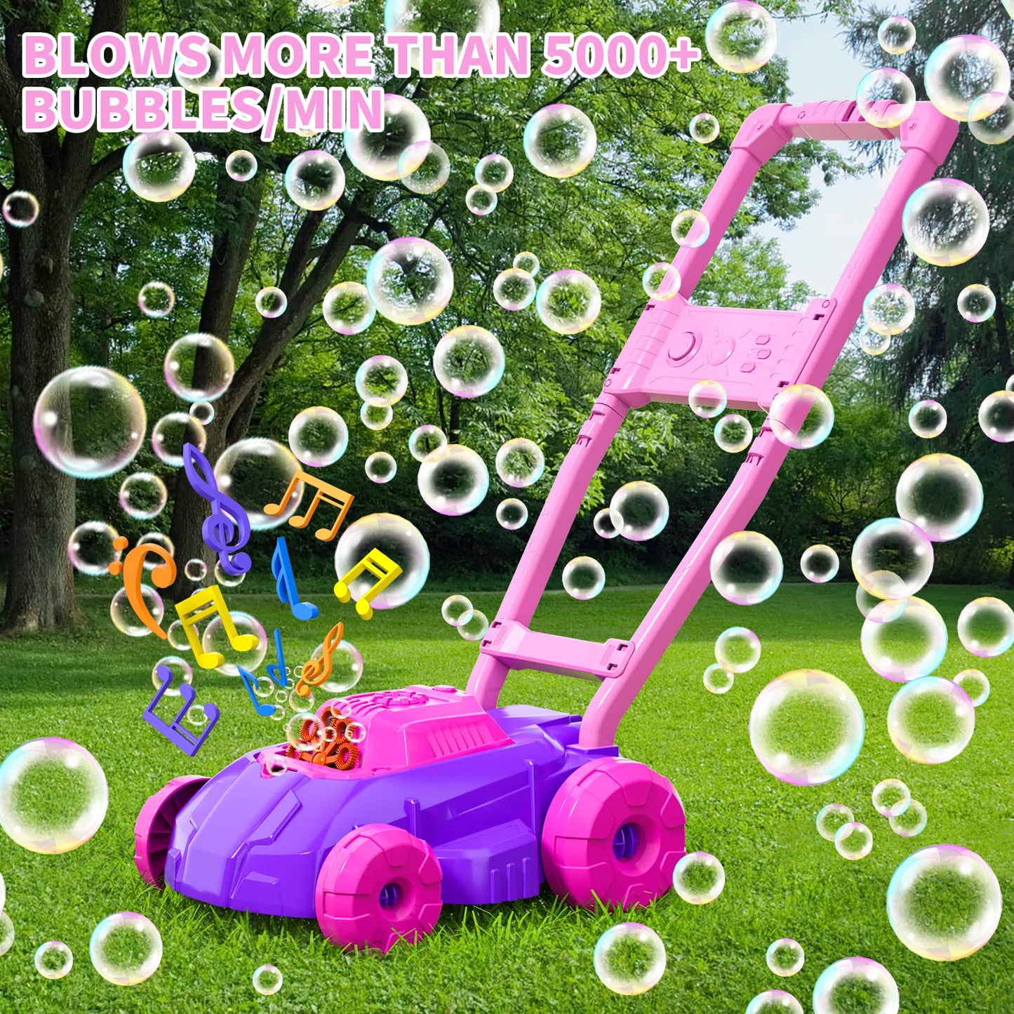 Bennol Pink And Purple Bubble Lawn Mower For Toddlers, Kids Automatic Bubble Blower Maker Machine, Outdoor Gardening Push Toys, Birthday Gifts For Preschool Baby Girls Boys