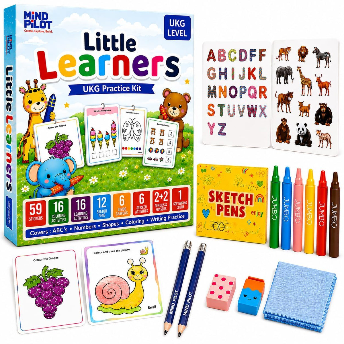 Mind Pilot Ukg Activity Kit For Kids 56 Yrs | Reusable Write & Wipe Cards, Sketch Pens, Crayons & 59 Stickers | Learn Alphabet,