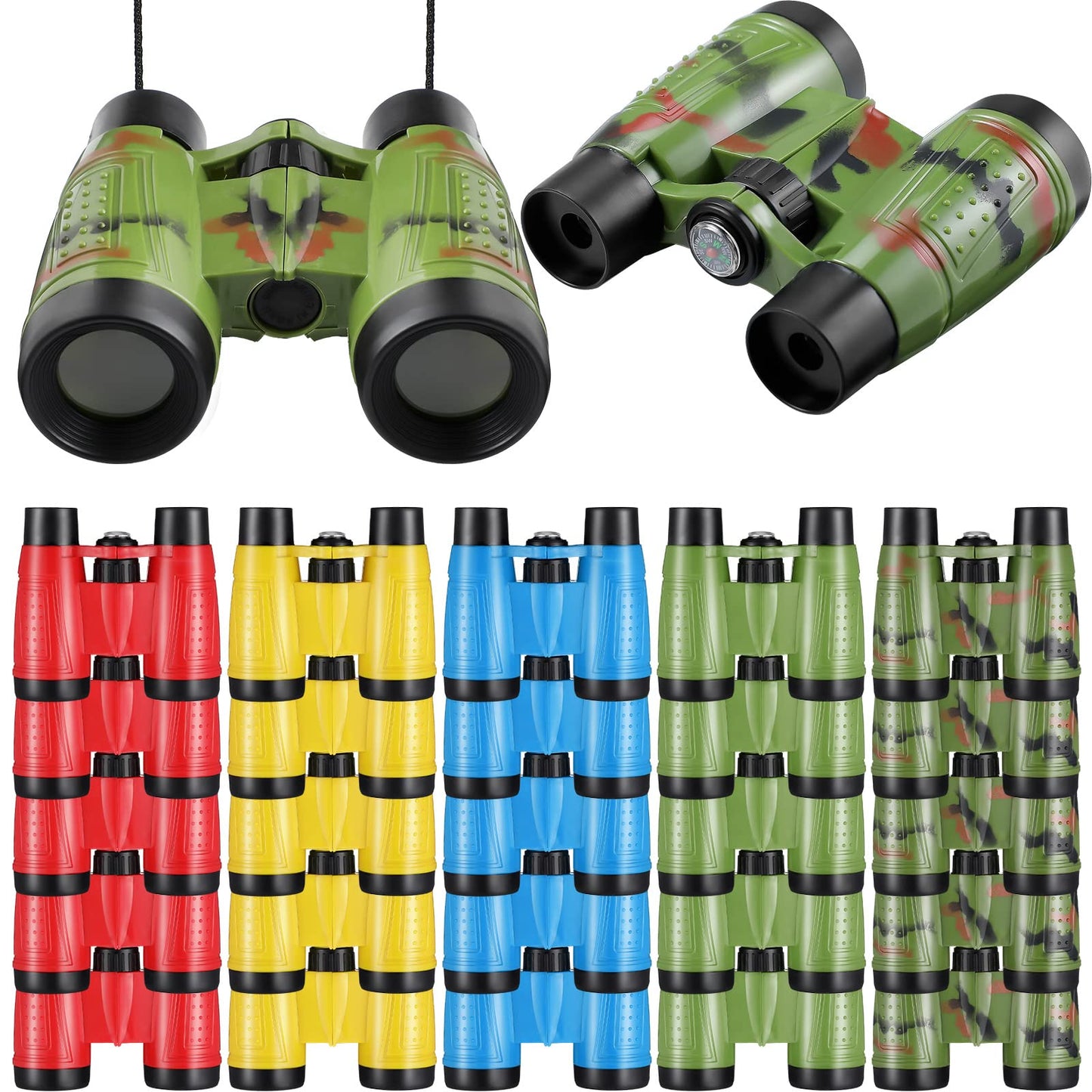Jutom 25 Pack Binoculars for Kids 6+, Rubber, Red/Yellow/Camo/Green/Blue, with Compass & Neck String, Ideal for Camping & Adventure