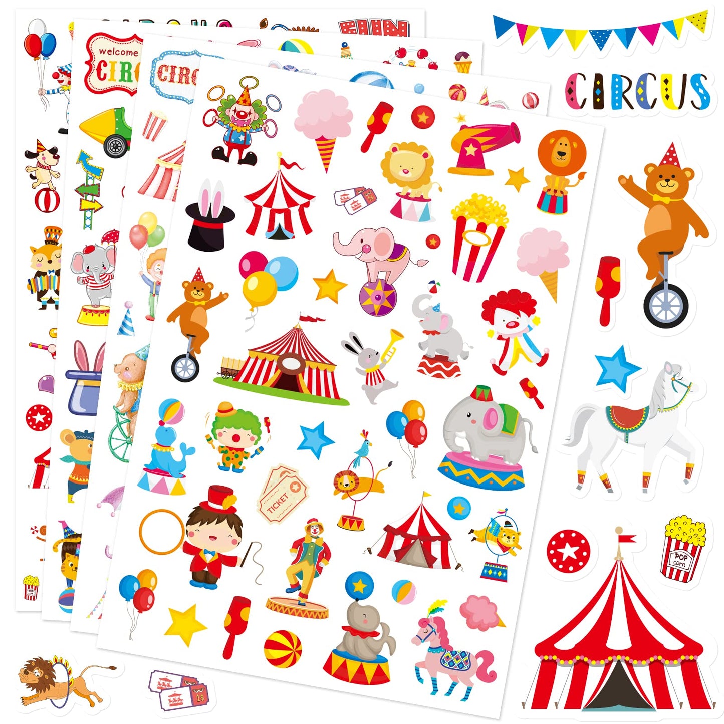 Cute Carnival Circus Stickers 820 Count Party Goodie Gifts Bags Decor Red White Elephant Clown Adhesive Stickers For Kids Girls Boys Birthday Invitations Art Craft Decor School Game Class Rewards