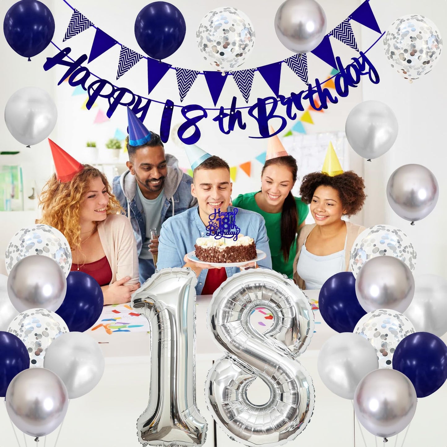 18Th Birthday Decorations For Boys, Blue Happy 18Th Birthday Banner With Navy Blue Silver 18Th Birthday Balloons 18 Birthday Cak