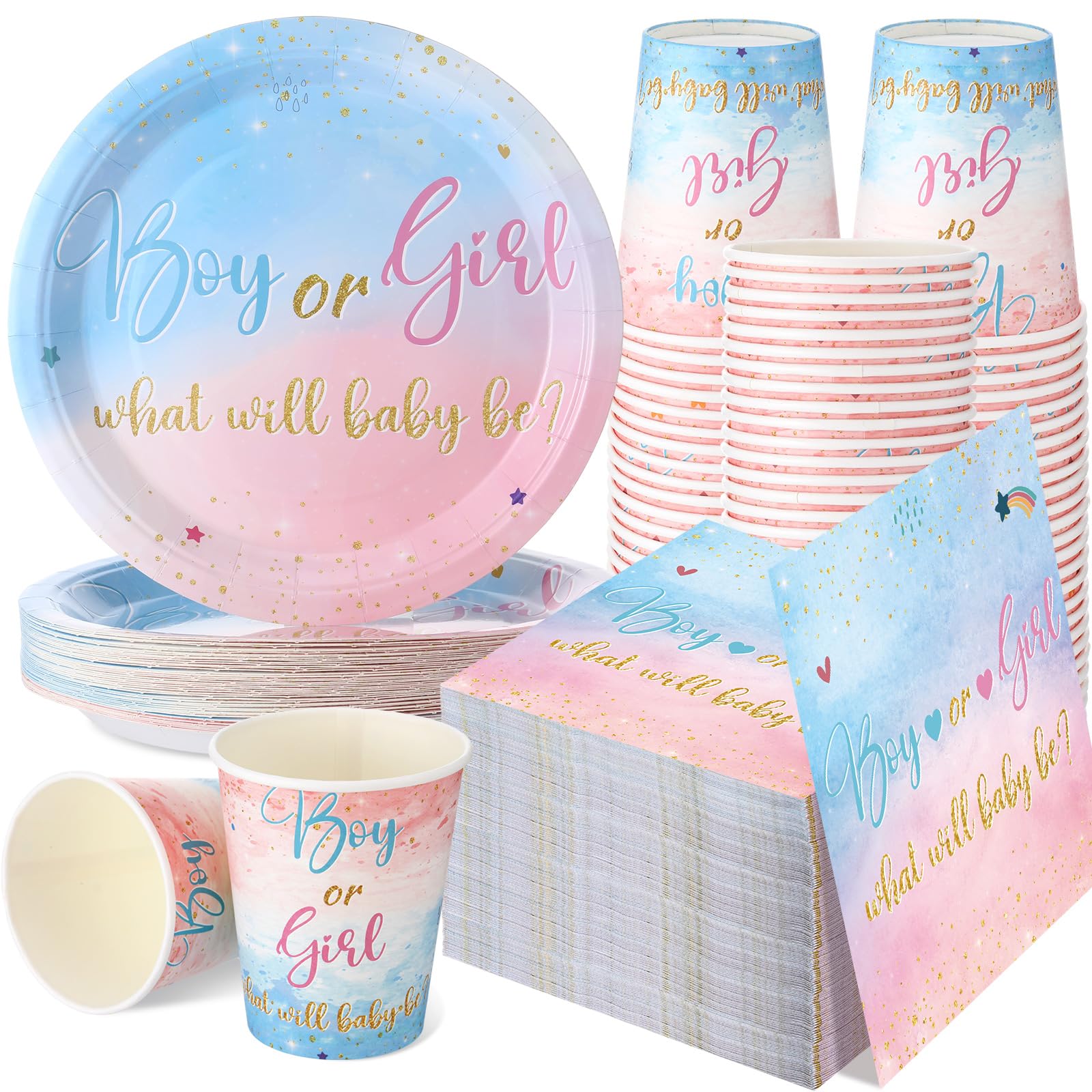 Hushee 200 Pcs Gender Reveal Baby Shower Paper Plates Napkins Cups Baby Shower Party Supplies Tableware Set Disposable Cup Napki