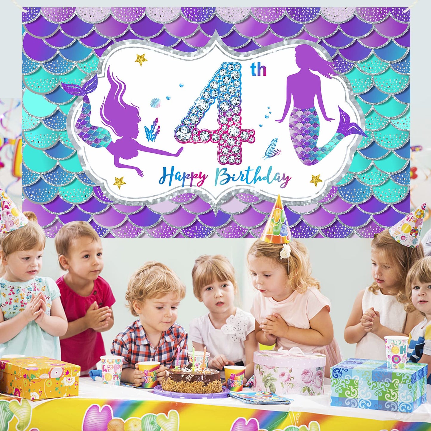 Mermaid 4Th Birthday Banner Decorations For Girls, Little Mermaid Themed Happy 4 Year Old Birthday Background Party Supplies, Un