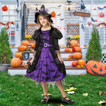 Twister.Ck Witch Costume For Girls Kids, Halloween Party Fancy Dress Up Deluxe Set With Hat Skirt For Girls