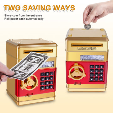 Gudoqi Piggy Bank, Electronic Money Bank, Safe Mini Atm Cash Coin Can, Auto Scroll Paper Money Saving Box, Great Birthday Gifts For Kids, Gold