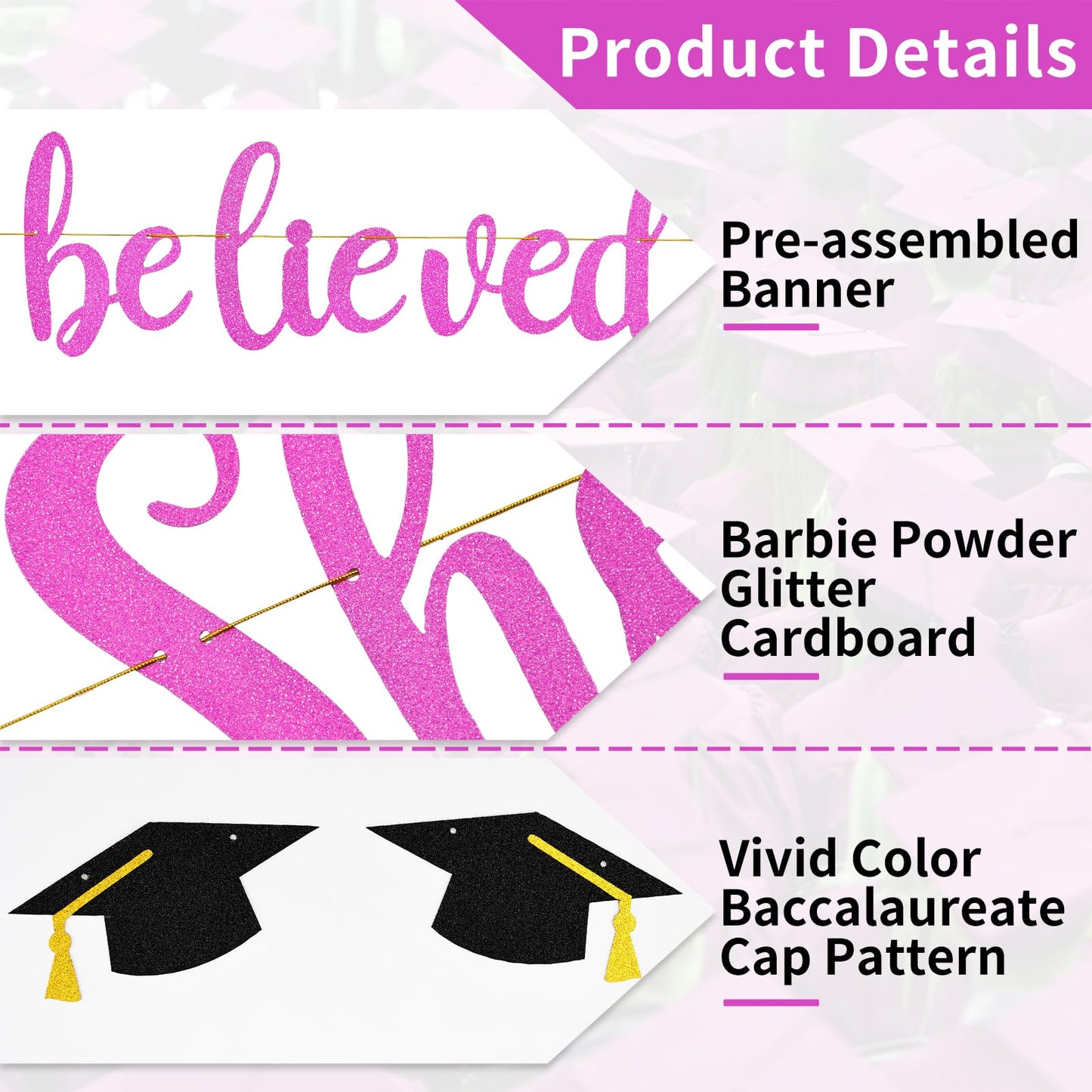 She Believed She Could So She Did Banner Decorations - Glitter She Did It 2024 Garland Graduation Bunting Banner, Congrats Grad