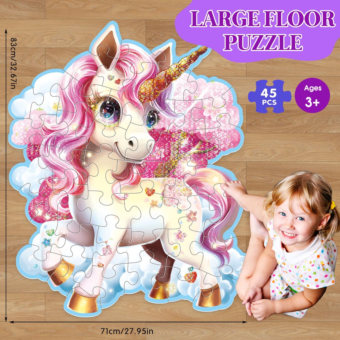 45Pcs Shimmery Unicorn Floor Puzzles For Kids Ages 3-5, Jumbo Jigsaw Puzzles For Kids Unicorn Puzzle For Toddlers Age 3+ Year Ol