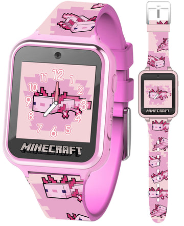 Minecraft Kids Smartwatch – Pink Axolotl Design, 10 Watch Faces, Step Counter, Selfie Camera, Calculator, Games, Voice Recorder, Alarm & Timer, Printed Silicone Straps – Fits Wrists 5.5'-8.0'