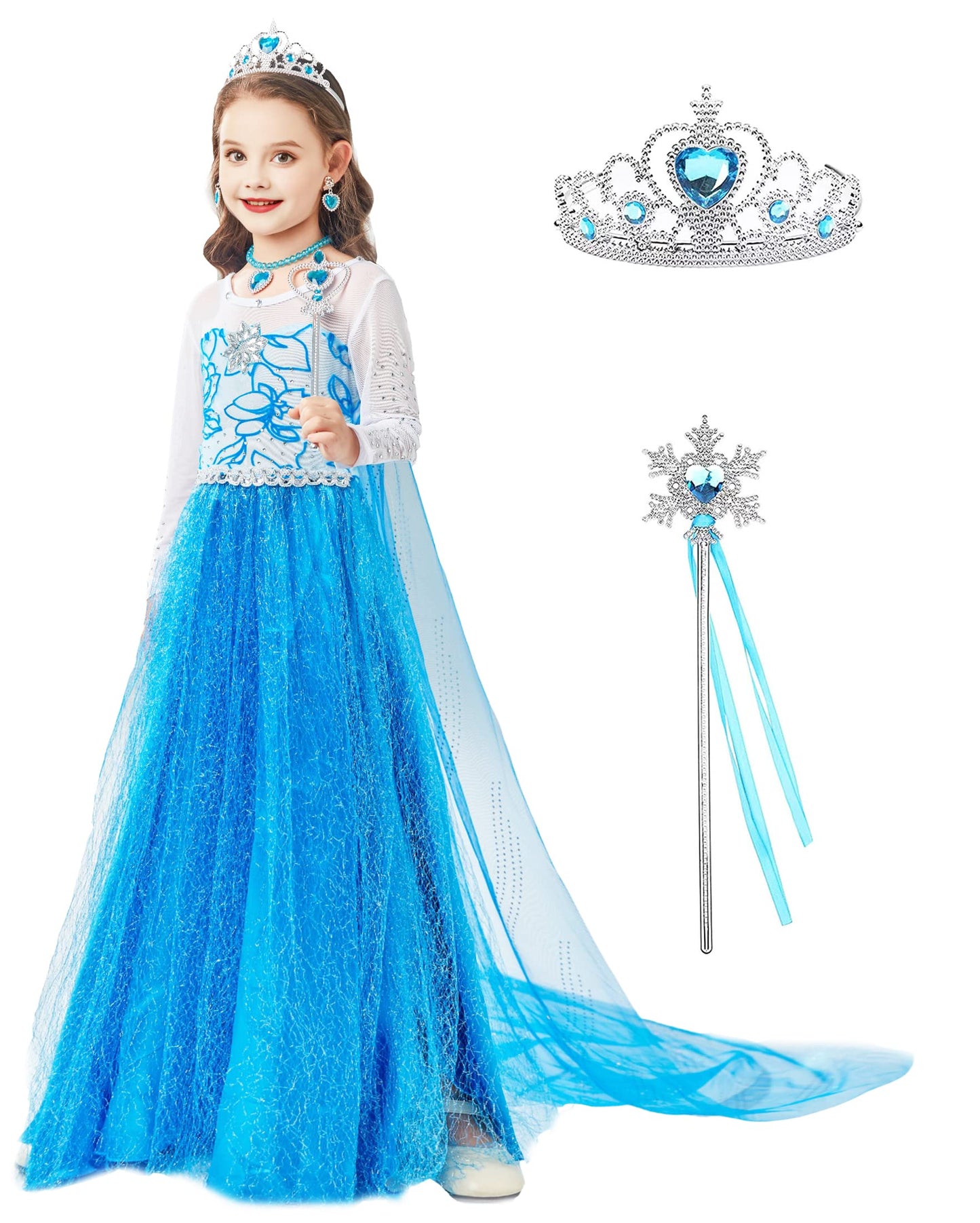 Elsa Princess Dress For Girls, Frozen Princess Costume For Kids Snow Party Queen,Birthday Party Dress Up With Accessories (Blue,