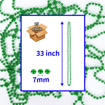 YAXINRUI 33 Inch 7 mm Metallic Bead Necklaces, 15pcs Mardi Gras Beads Bulk Beaded Necklaces Green Bead Necklace for Mardi Gras P