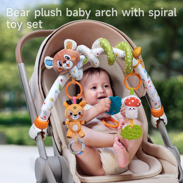 TUMAMA Baby Activity Arch with Bear Spiral Toy, Clips Adjustable and Detachable Sensory Stimulating Hanging Toys Baby Toys 0-3 3