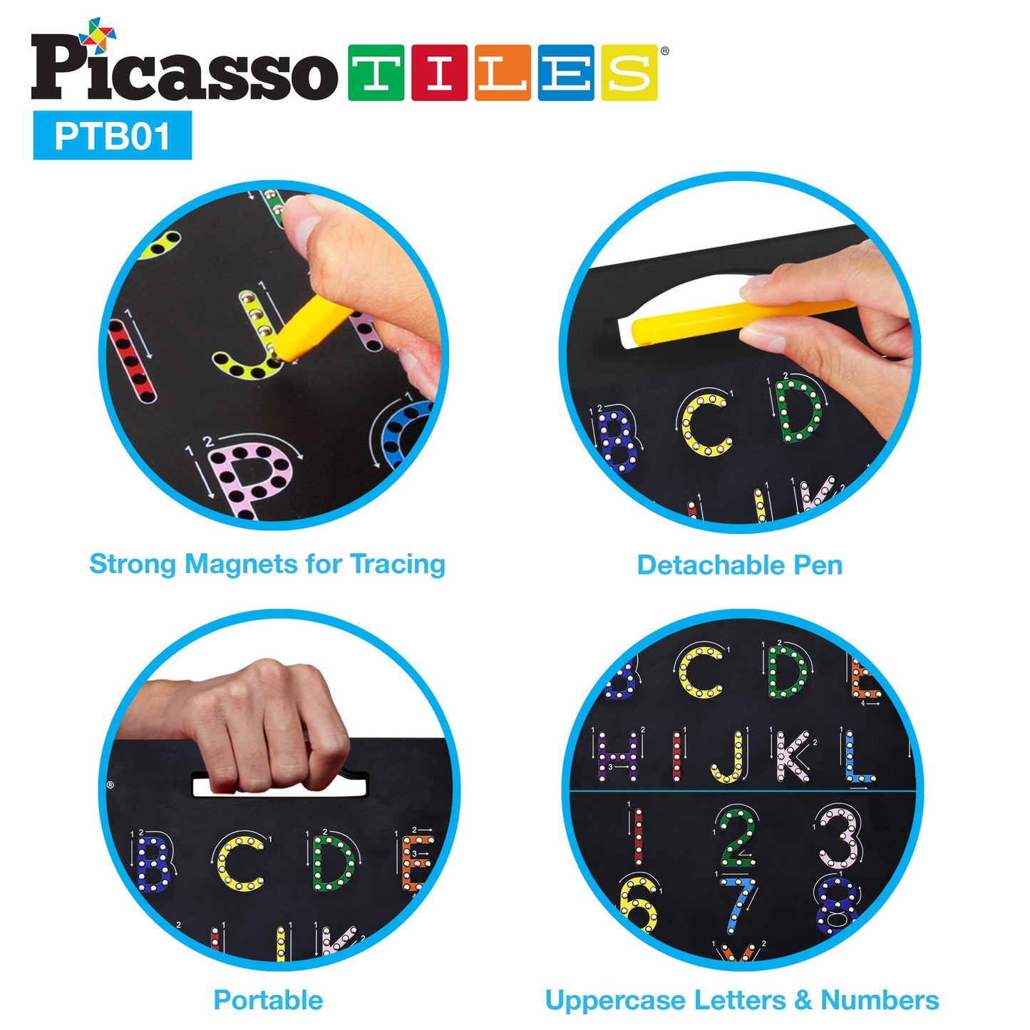 PicassoTiles Magnetic Drawing Board Toy, Large 12x10 inch, Erasable, Black, Model PTB02, STEM Educational Playboard