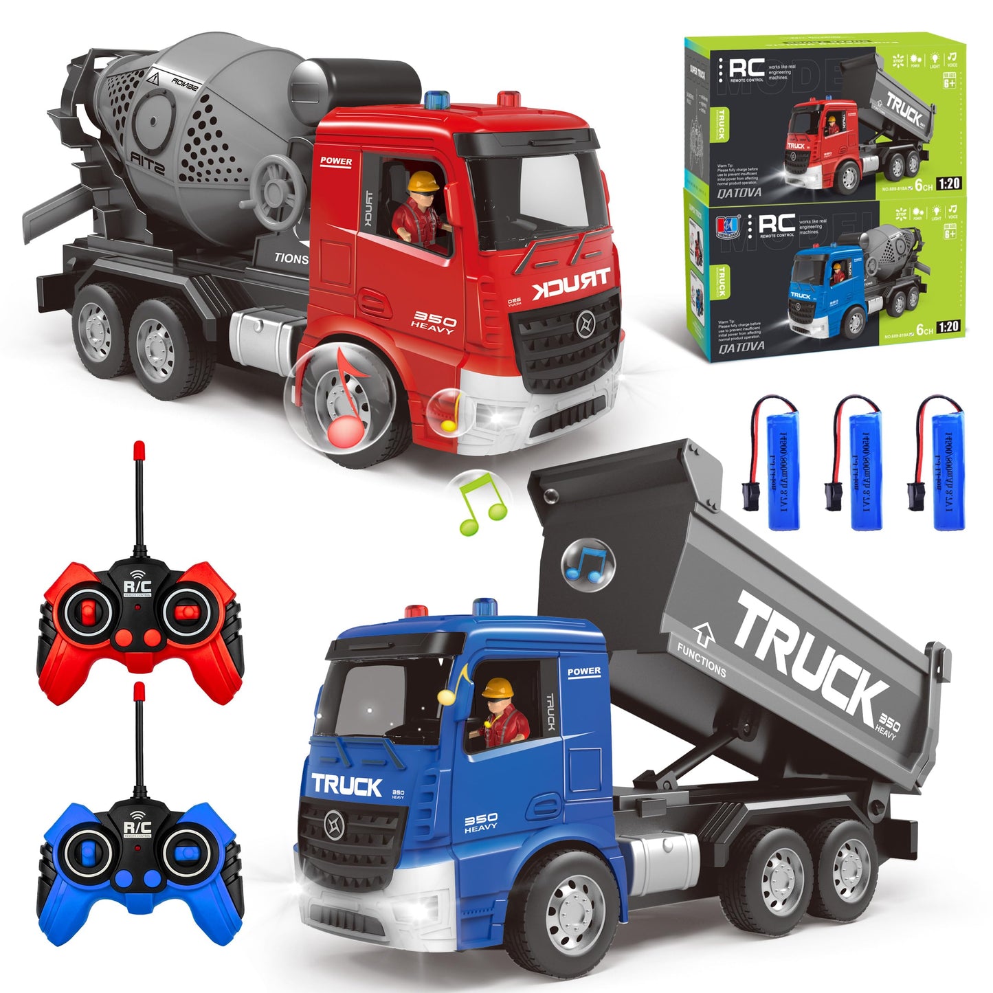 MQDMINI Remote Control Cement Mixer Truck and Dump Truck Toy Set - Construction Vehicle Toy with Lights and Sounds for Imaginati
