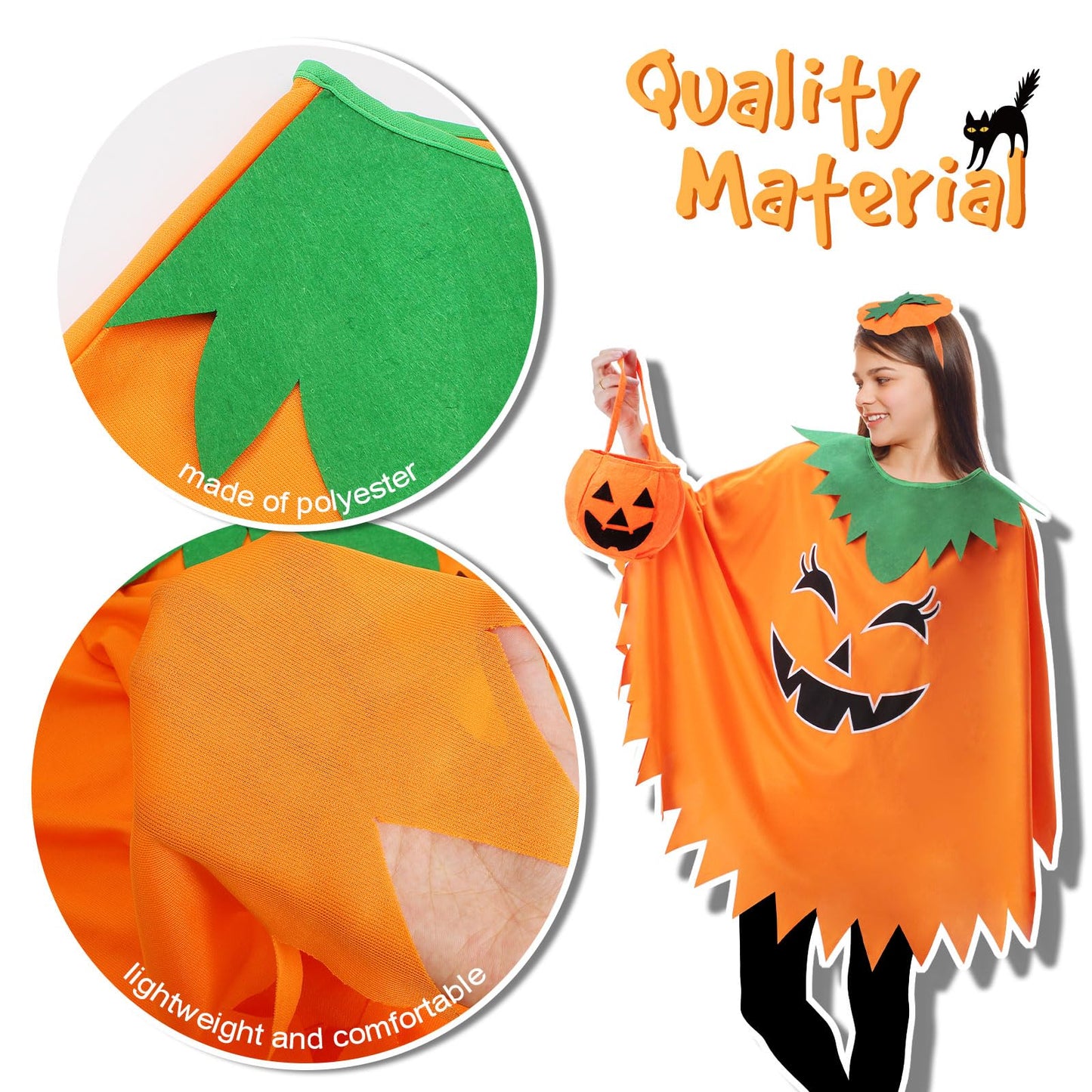 Snwquik Halloween Pumpkin Costume for Kids Girls Glow in the Dark Halloween Costume with Pumpkin Poncho Headband&Bag
