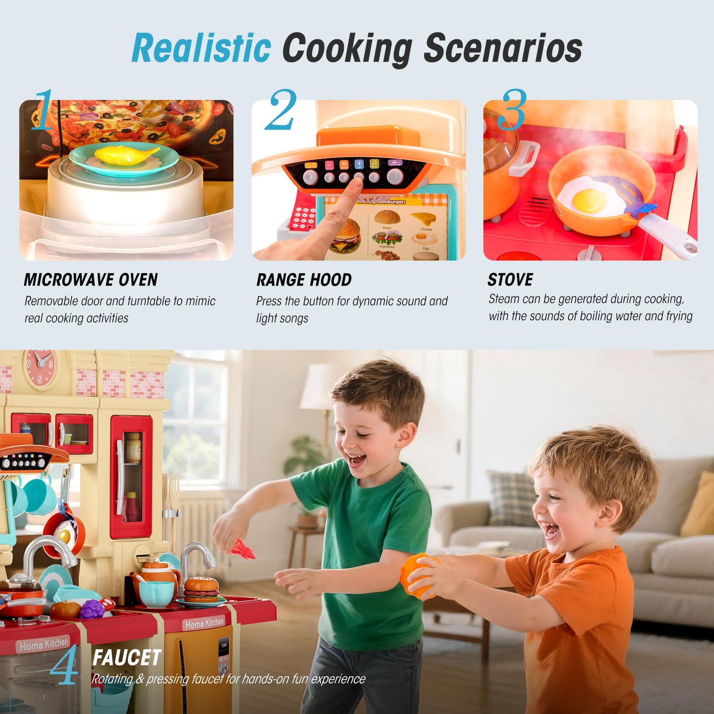 Sophia &William Kids Play Kitchen Set, Toy Kitchen with Sound & Light, Cooking Stove with Steam, Play Sink, Play Food Toy, Indoo