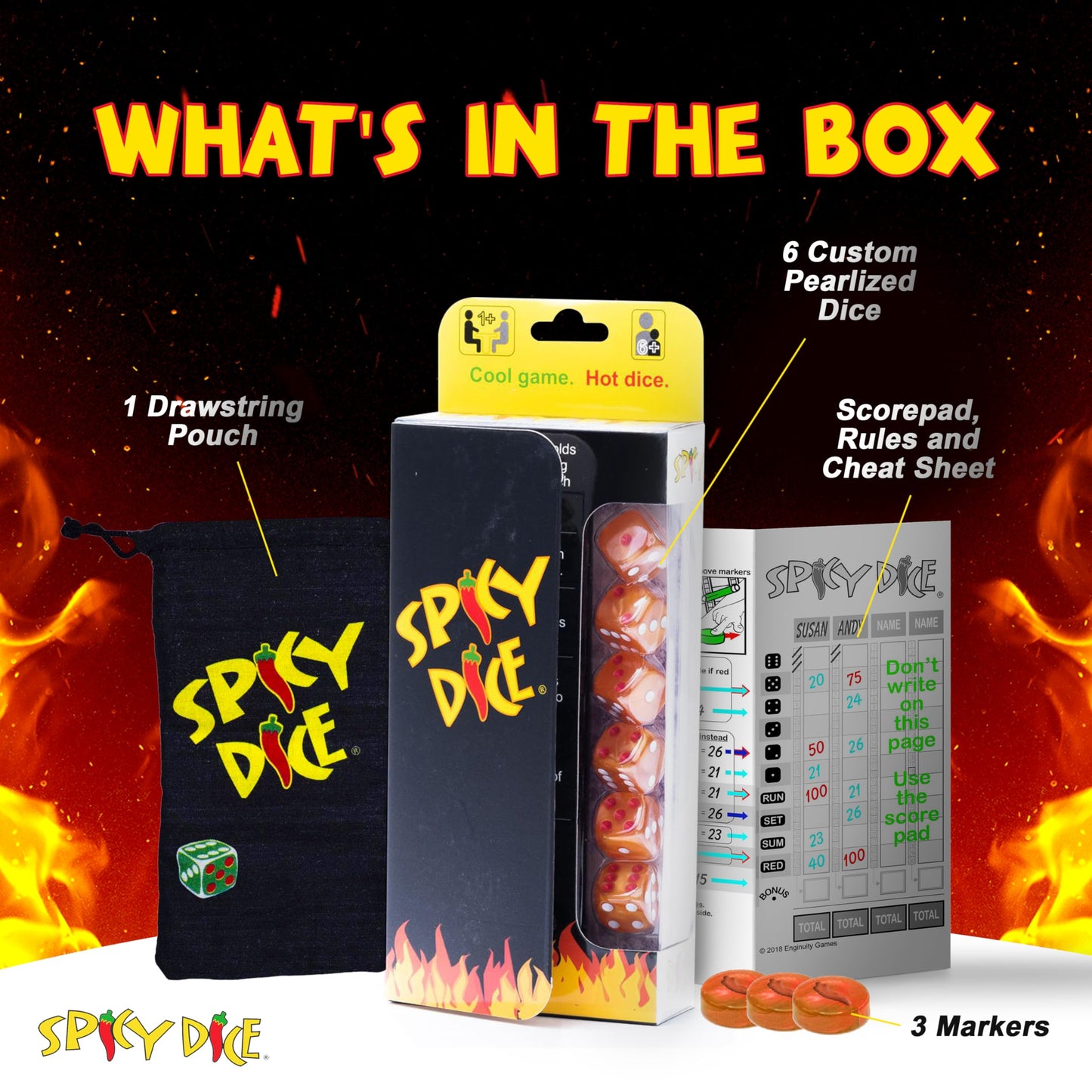 Spicy Dice Orange: The Ultimate Family Dice Game - Pearlized Colored Dice With Cheat Sheet And Silkscreened Pouch For Strategic