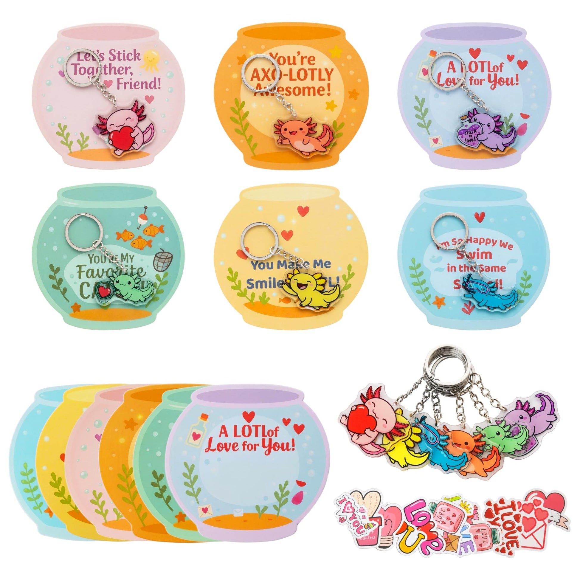 YXILEE Valentines Day Gifts for Kids Classroom - 30 Pack Axolotl Keychains with Cards & Stickers - School Exchange & Party Favor