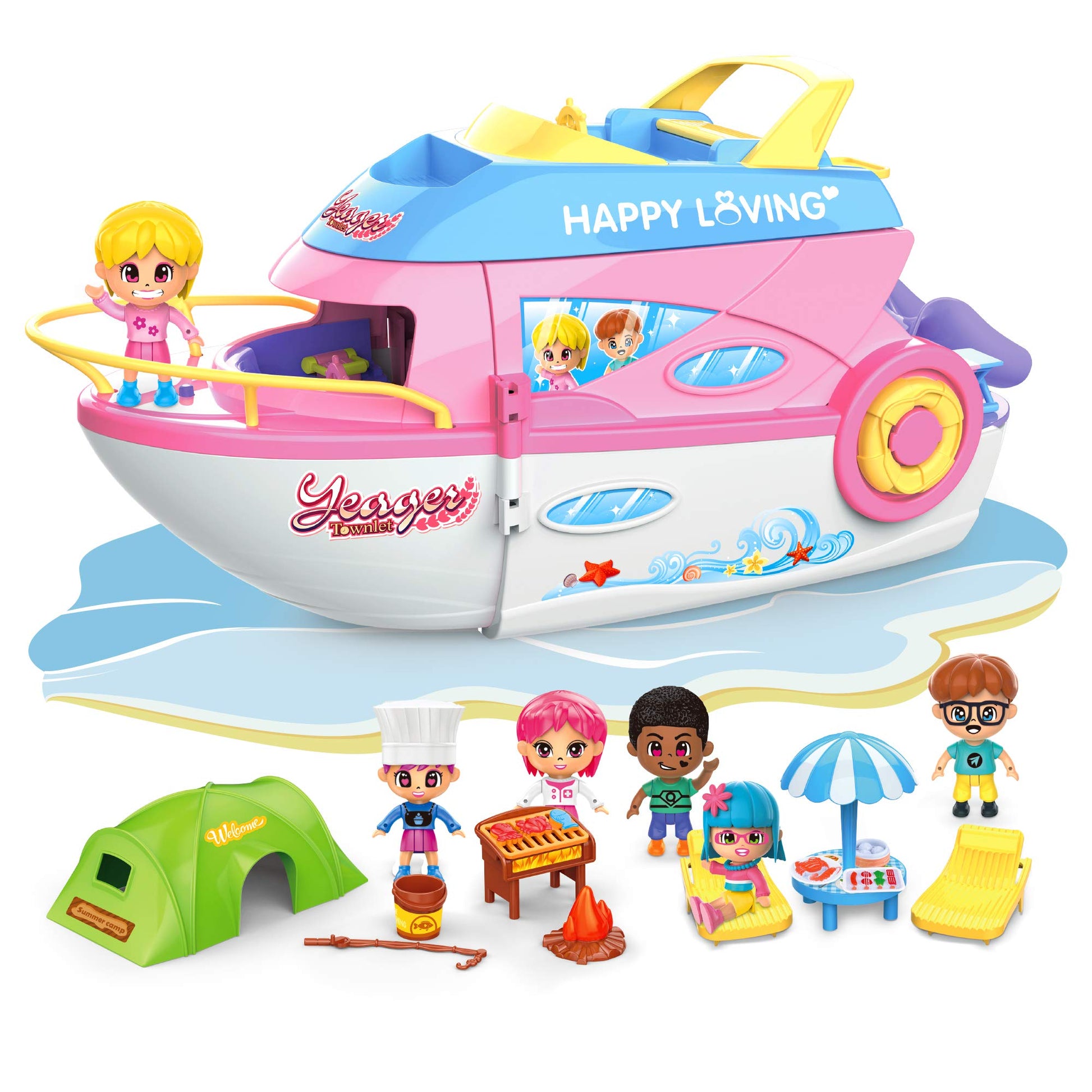 iPlay, iLearn Boat Dollhouse Playset for Girls 3-5, Kids Pretend Play Doll House Set W/ Cruise Ship, Dolls, Camping Accessories,
