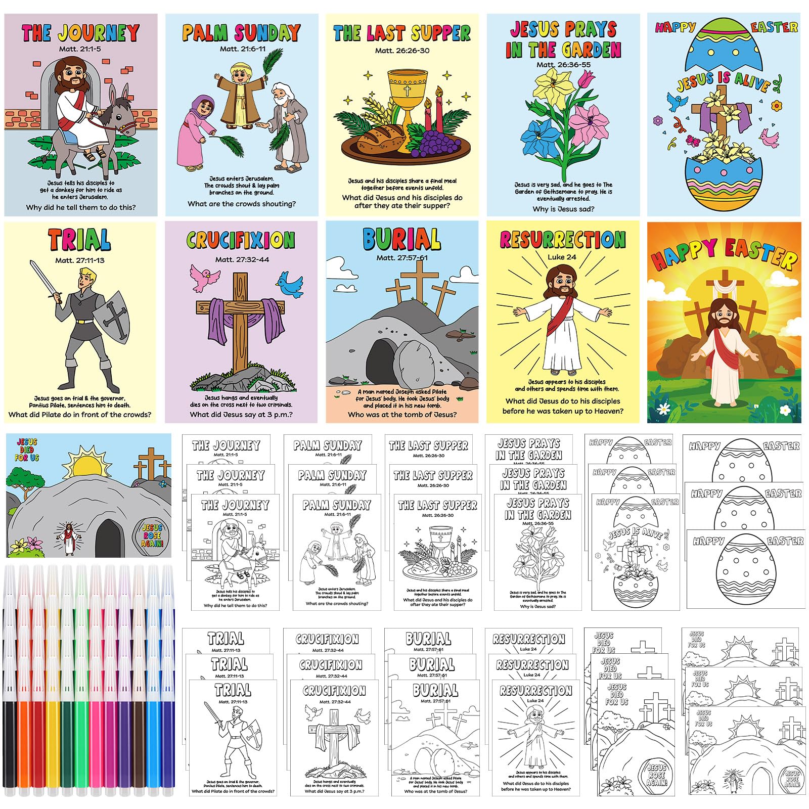 Motiskyy 30 Sets Easter Story Coloring Cards Christian Holy week Coloring Craft Bible Jesus Christ Resurrection Religious Script