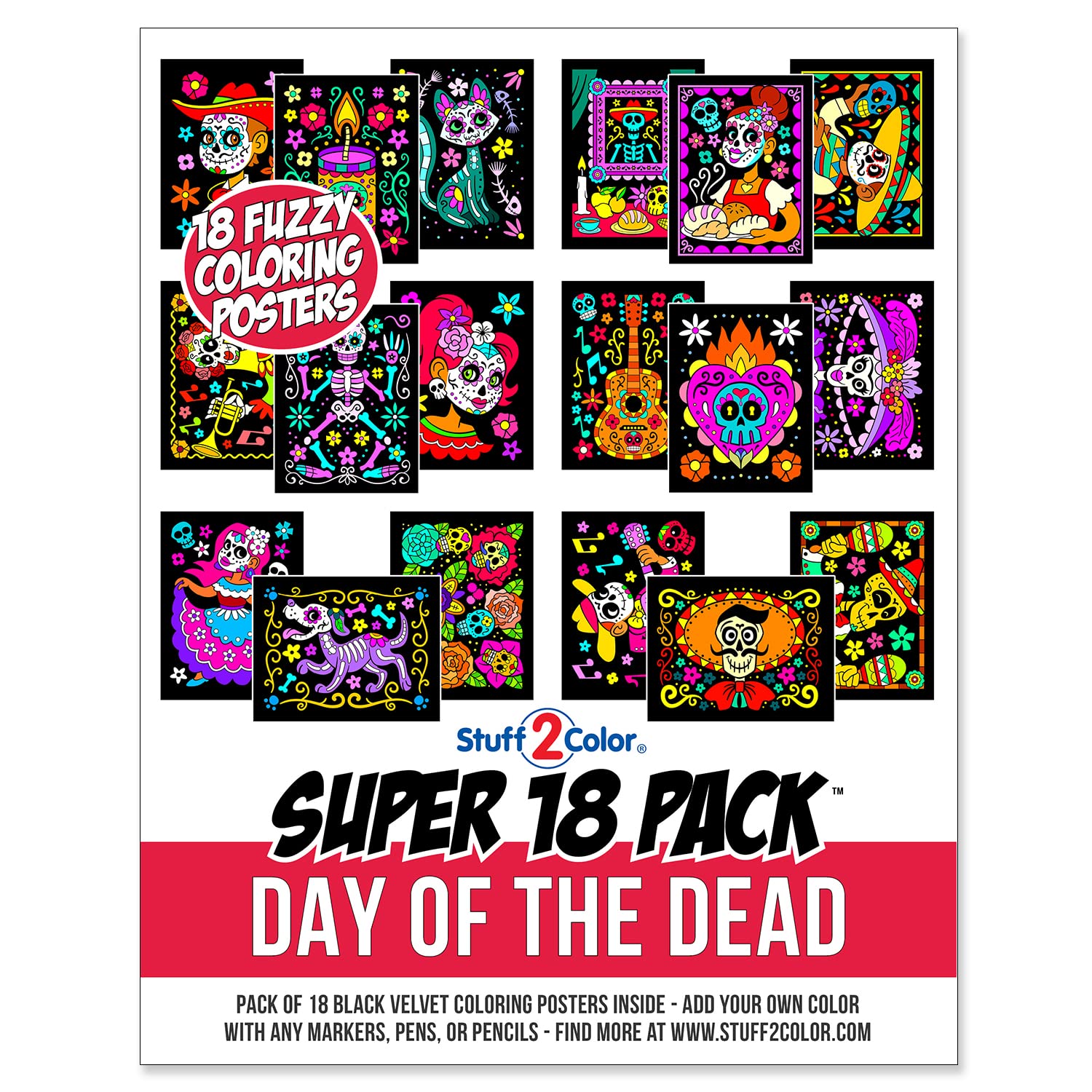 Super Pack of 18 Fuzzy Velvet Coloring Posters (Kids Themed - Day of the Dead) - Halloween and Dia de Los Muertos Coloring Craft