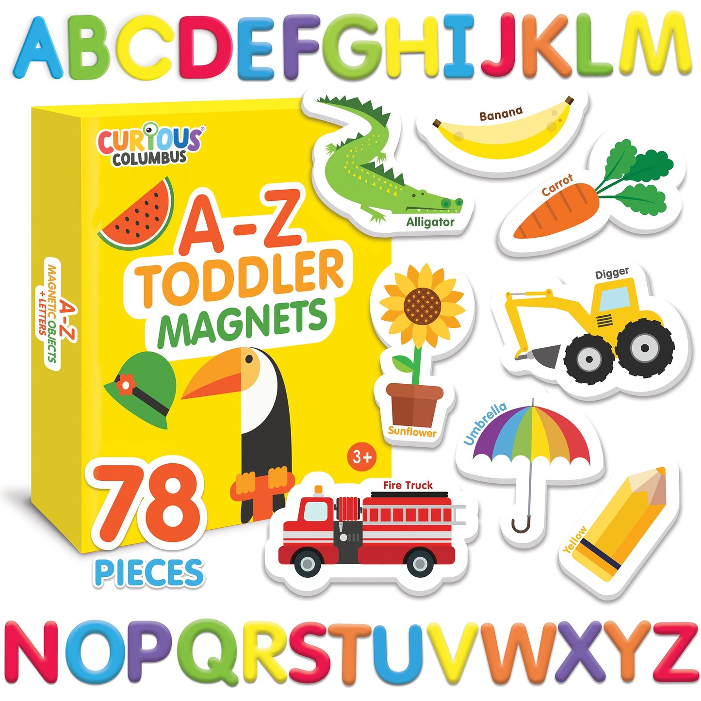 Curious Columbus Magnetic Objects And Letters. Set Of 78 Foam Magnets Including 52 Pictures And 26 Uppercase Alphabet Magnets From A-Z. Educational Toy For Preschool Learning