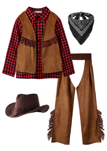 Relibeauty Kids Cowboy Costume For Boys Cosplay Costumes Birthday Party Christmas Halloween Dress Up Gift For Kids 5 Sets,Red 10/150