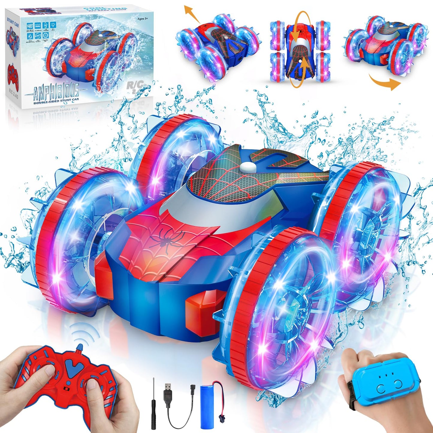 Remote Control Amphibious Car With Led Lights, 360 Rotation 4Wd Waterproof, Gesture And Handle Remote, 1200Mah Battery, Ages 4-1